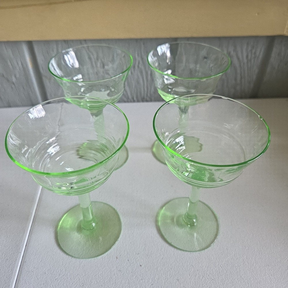 Vintage Uranium Small Stem Glass Green Hue Collectible Glassware Set Of 4